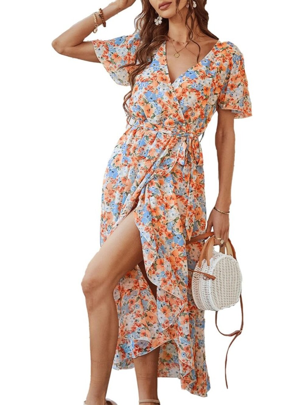 Women's Yellow Floral Summer Short Sleeve Wrap V Neck Boho Guest Maxi Dresses